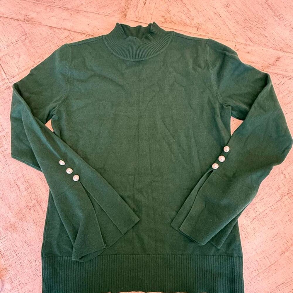 CeCe Green Mock Neck Sweater Pearl Button Split Cuff